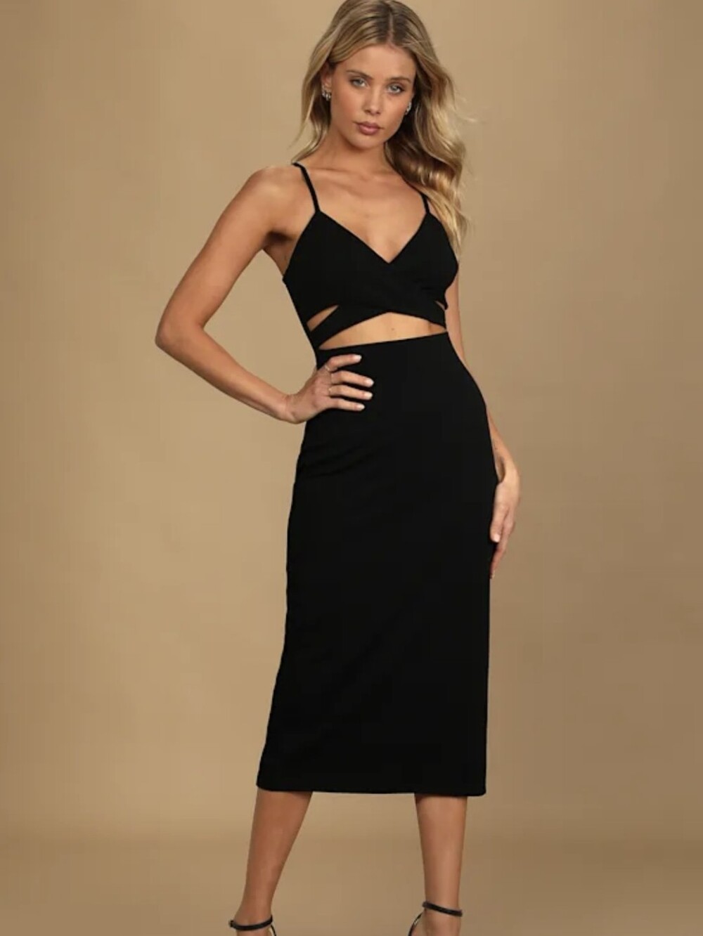Lulus Cross Yoyr Heart Black Surplice Cutout Bodycon Midi Dress SZ.M NWT